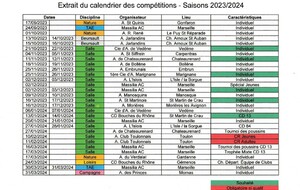 Extrait du calendrier des compétitions 2023 - 2024